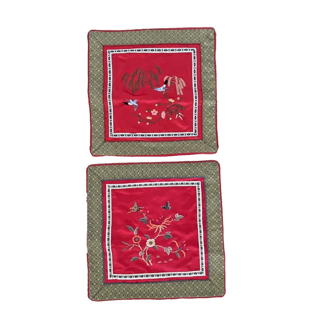 Pr. Vtg Chinese Silk Pillow Covers W/ Embroidered Flowers Bird  Butterflies NEW‎